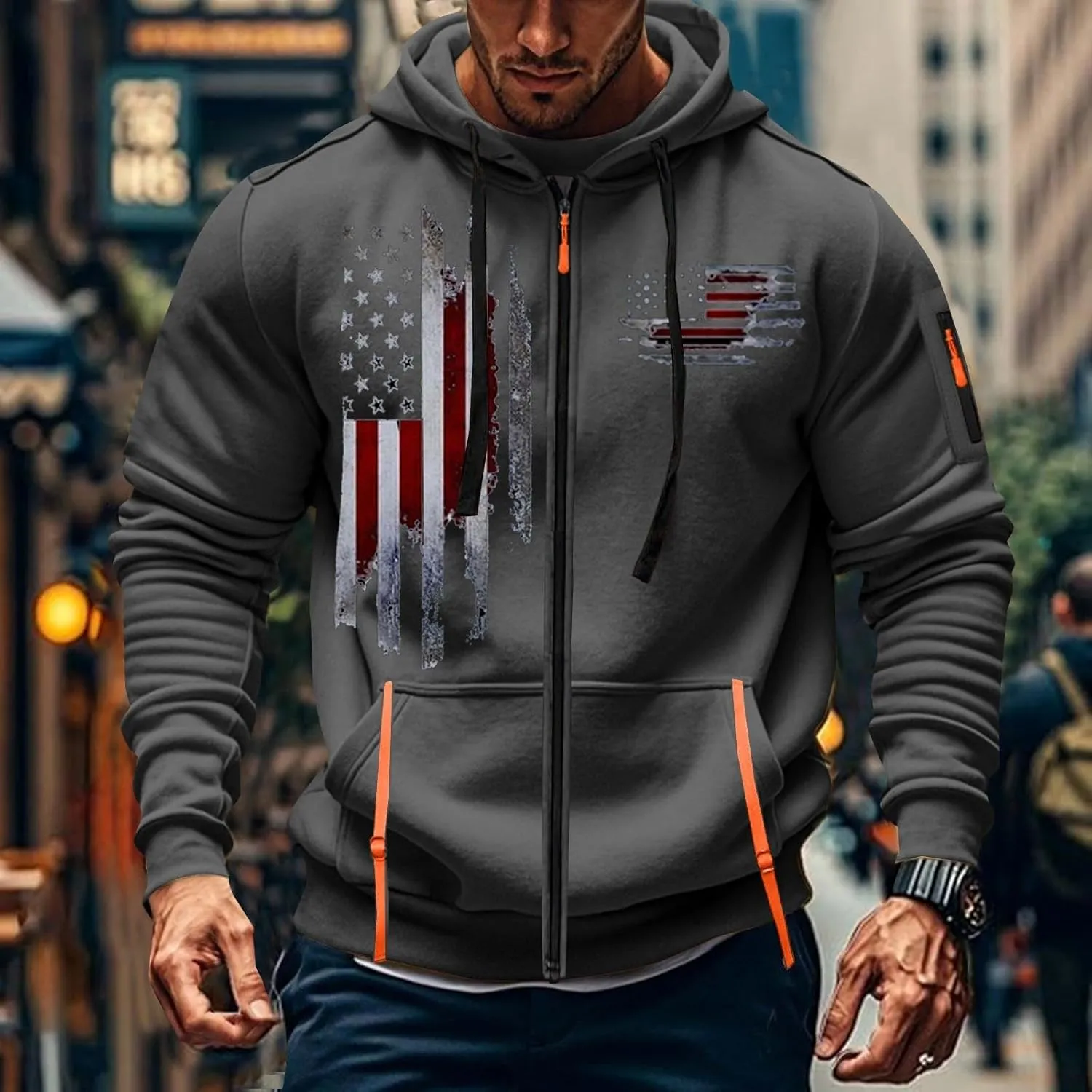 Mens Zip Up USA Flag Print Hoodies Casual Long Sleeve Drawstring Shirts Comfort Patriotic Sweatshirt with Pockets
