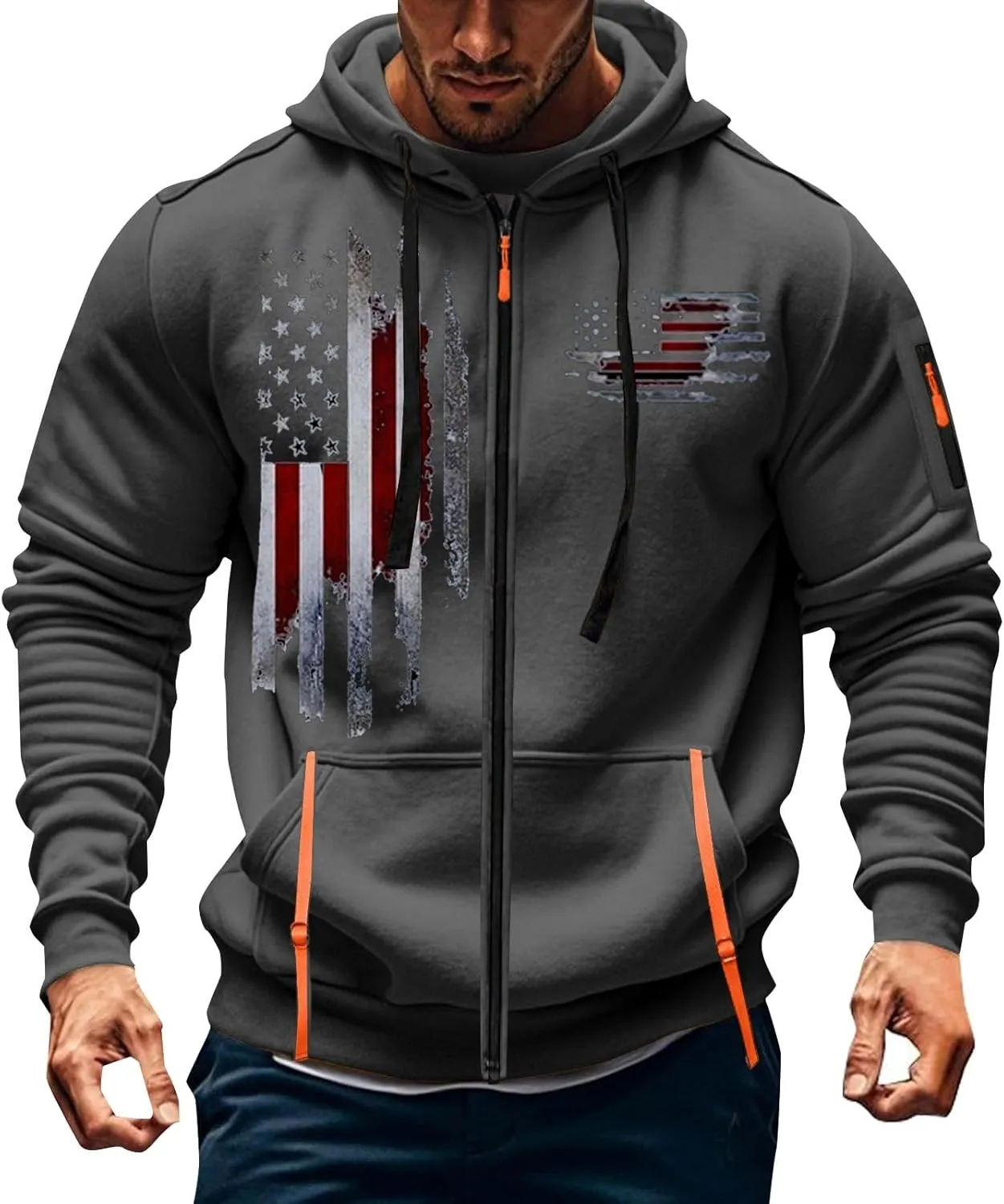 Mens Zip Up USA Flag Print Hoodies Casual Long Sleeve Drawstring Shirts Comfort Patriotic Sweatshirt with Pockets