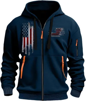 Mens Zip Up USA Flag Print Hoodies Casual Long Sleeve Drawstring Shirts Comfort Patriotic Sweatshirt with Pockets