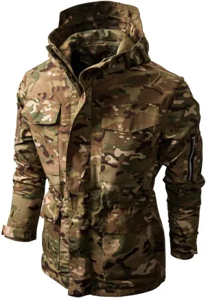 Military Camo Hooded Jacket for Men Tactical Outdoor Camouflage Hunting Cinch Waist Hooded Coat Windproof Outwear