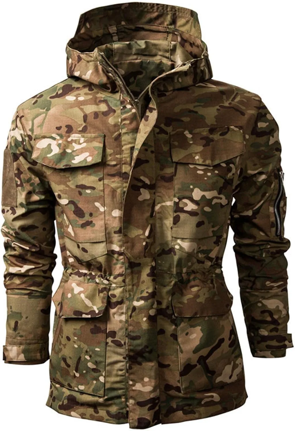 Military Camo Hooded Jacket for Men Tactical Outdoor Camouflage Hunting Cinch Waist Hooded Coat Windproof Outwear