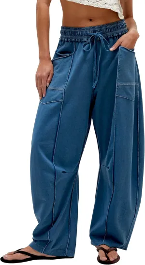 MISSACTIVER Contrast Patchwork Wide Leg Pants Women Summer Drawstring Elastic Waist Baggy Sweatpants Lounge Pants Pockets