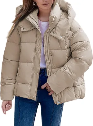 Mmoneyake Womens Hooded Quilted Puffer Jacket Full Zip Baggy Short Down Coats Padded Warm Winter Heavyweight Coat Outerwear