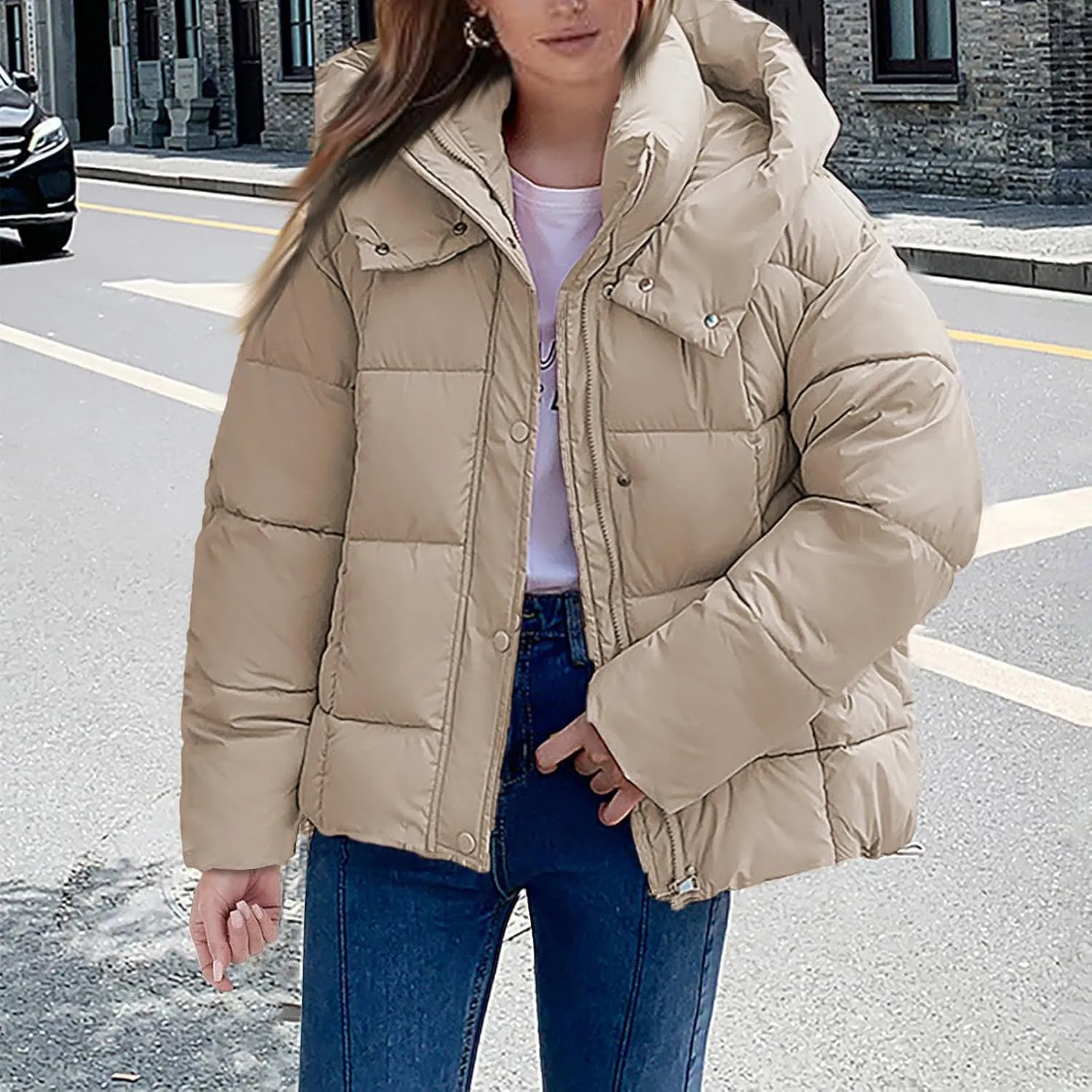 Mmoneyake Womens Hooded Quilted Puffer Jacket Full Zip Baggy Short Down Coats Padded Warm Winter Heavyweight Coat Outerwear