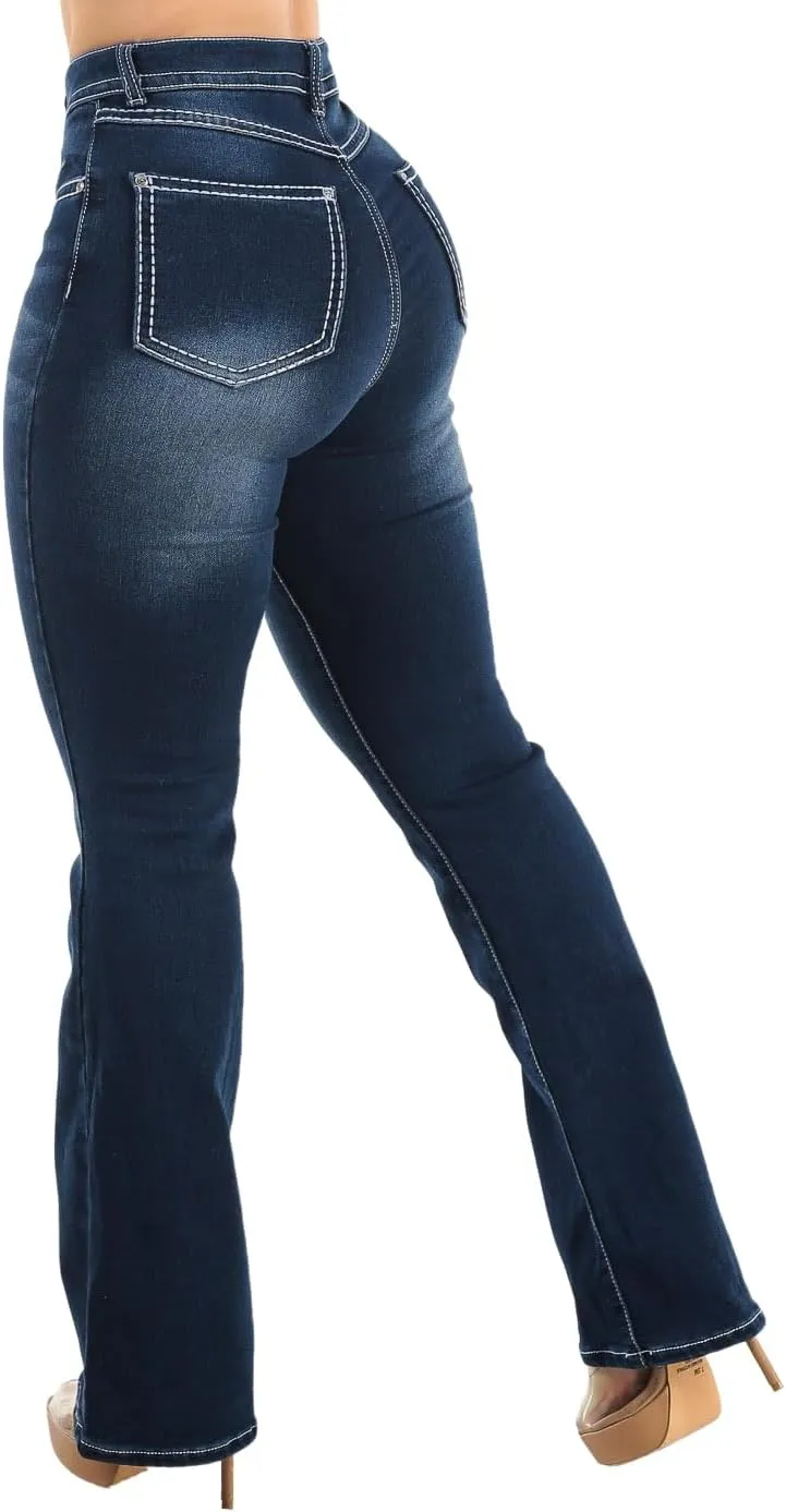 Moda Xpress Womens Juniors High Waisted Stretchy Straight Wide Leg Flared Jeans for Women