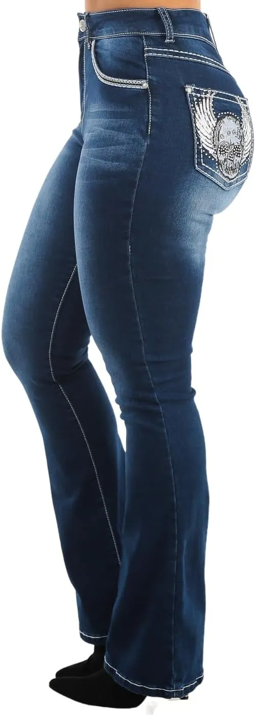 Moda Xpress Womens Juniors High Waisted Stretchy Straight Wide Leg Flared Jeans for Women