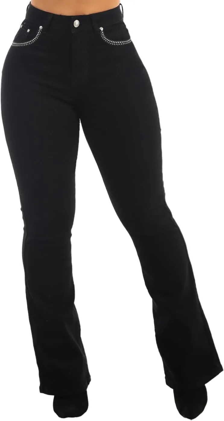 Moda Xpress Womens Juniors High Waisted Stretchy Straight Wide Leg Flared Jeans for Women