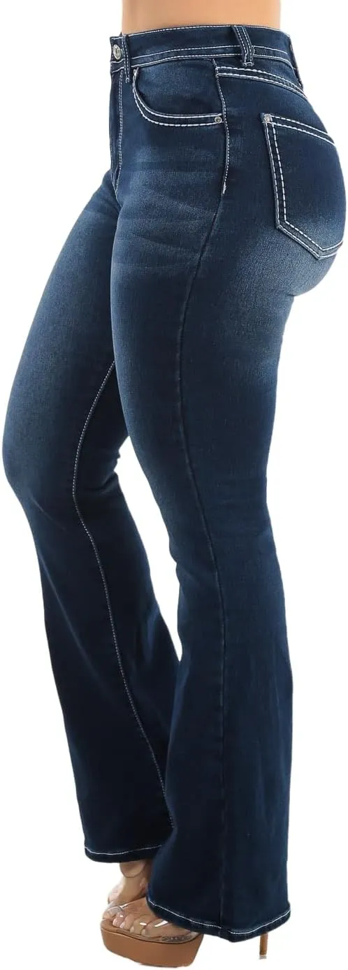 Moda Xpress Womens Juniors High Waisted Stretchy Straight Wide Leg Flared Jeans for Women