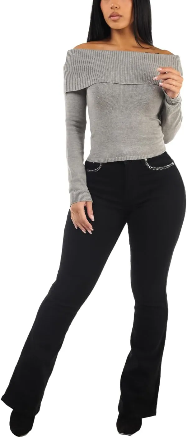 Moda Xpress Womens Juniors High Waisted Stretchy Straight Wide Leg Flared Jeans for Women