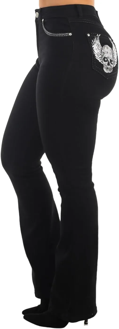 Moda Xpress Womens Juniors High Waisted Stretchy Straight Wide Leg Flared Jeans for Women
