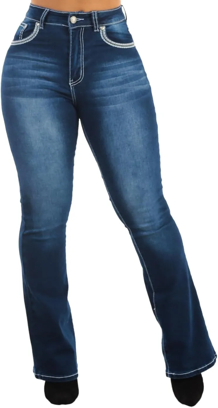 Moda Xpress Womens Juniors High Waisted Stretchy Straight Wide Leg Flared Jeans for Women