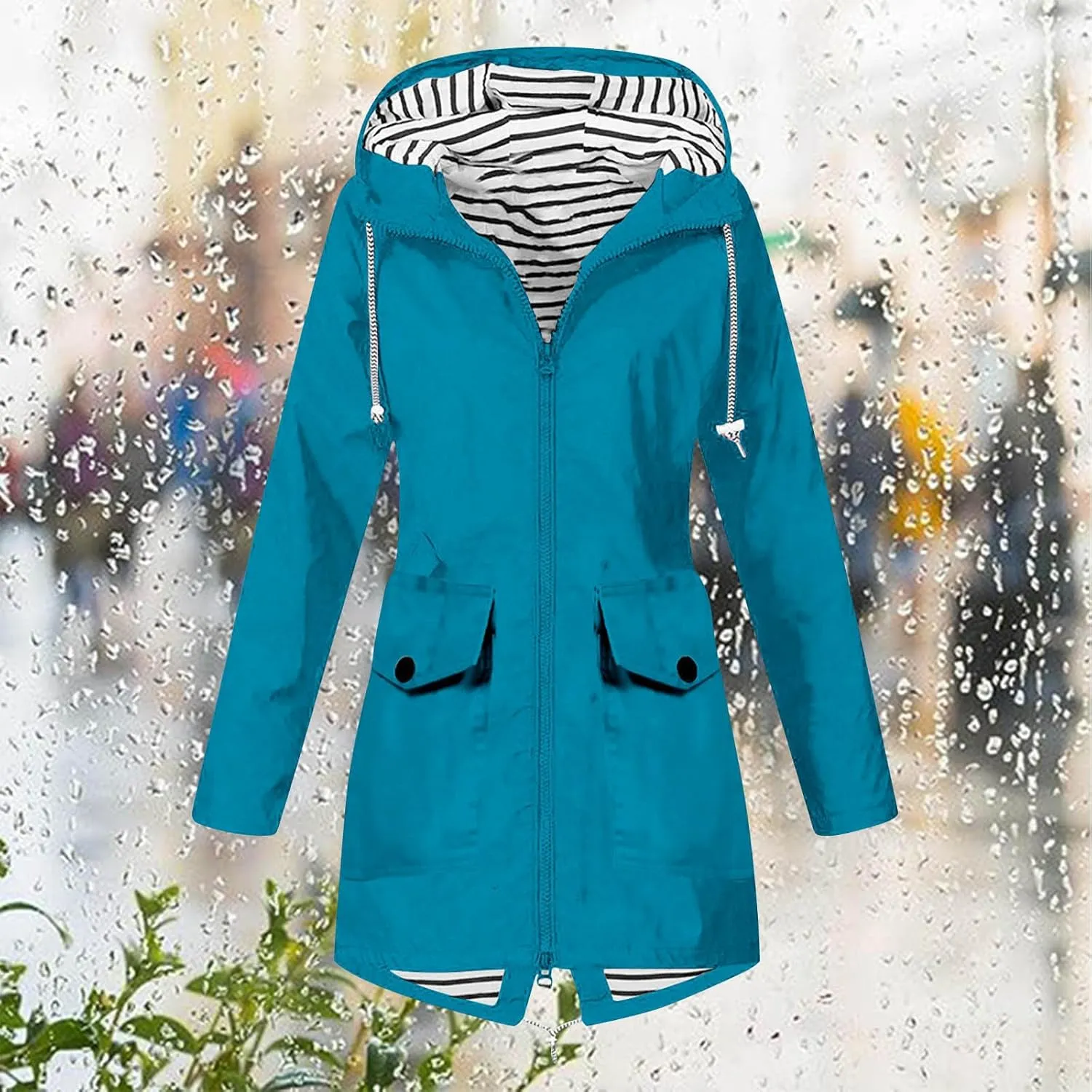 NaRHbrg Raincoat Hoodie for Women, Teen Girls Lightweight Hooded Jacket Solid Rain Jacket Outdoor Raincoat Windproof