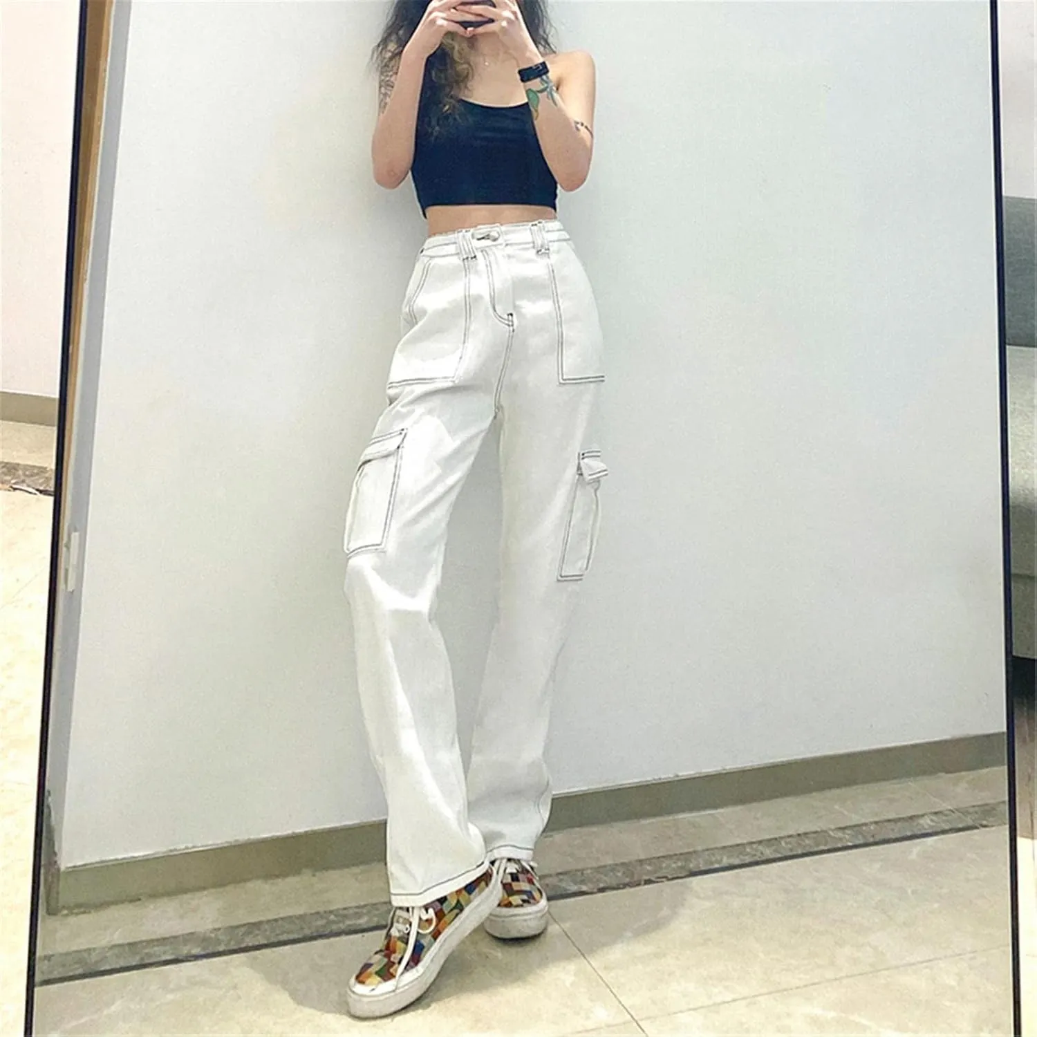 Nyybw Y2K Jeans for Women Girls High Waisted Baggy Jeans Straight Wide Leg Denim Pants Trousers Streetwear with Big Pockets