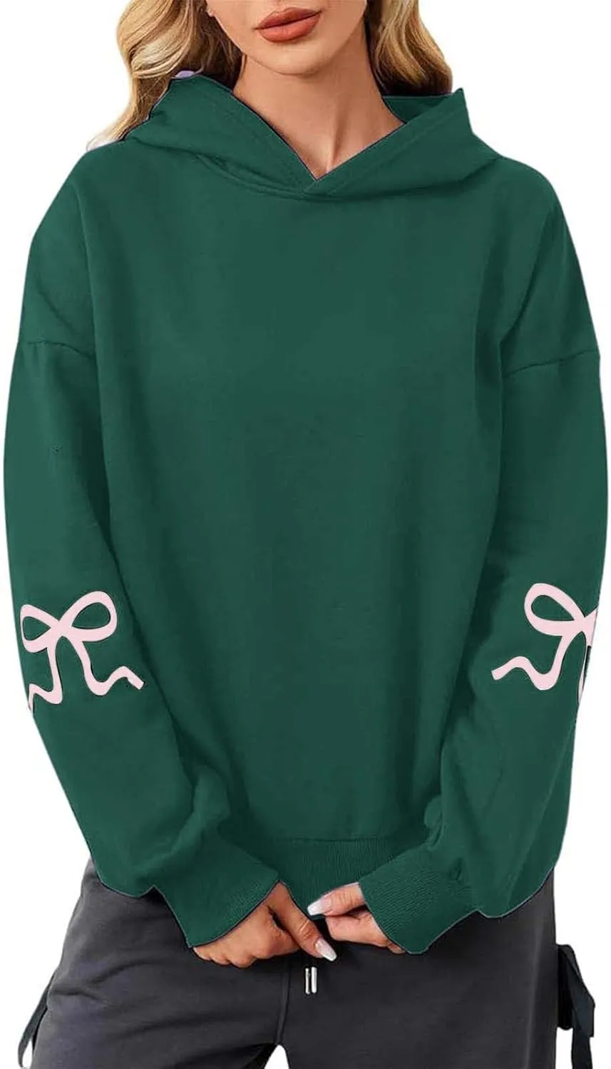 Oversized Hoodie for Women Bow Graphic Printed Hoodies Coquettish Drop Shoulder Hooded Sweatshirts with Pocket