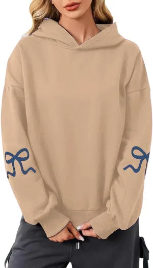 Oversized Hoodie for Women Bow Graphic Printed Hoodies Coquettish Drop Shoulder Hooded Sweatshirts with Pocket
