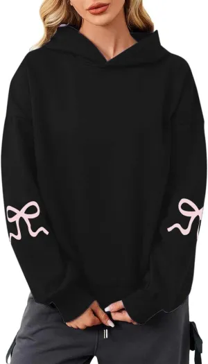 Oversized Hoodie for Women Bow Graphic Printed Hoodies Coquettish Drop Shoulder Hooded Sweatshirts with Pocket