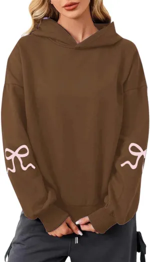 Oversized Hoodie for Women Bow Graphic Printed Hoodies Coquettish Drop Shoulder Hooded Sweatshirts with Pocket