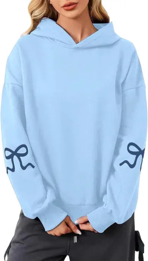Oversized Hoodie for Women Bow Graphic Printed Hoodies Coquettish Drop Shoulder Hooded Sweatshirts with Pocket