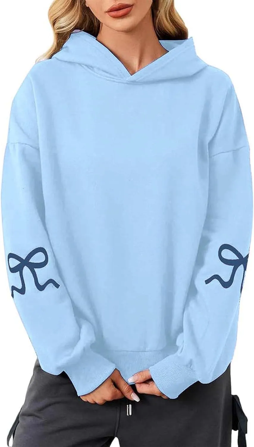 Oversized Hoodie for Women Bow Graphic Printed Hoodies Coquettish Drop Shoulder Hooded Sweatshirts with Pocket
