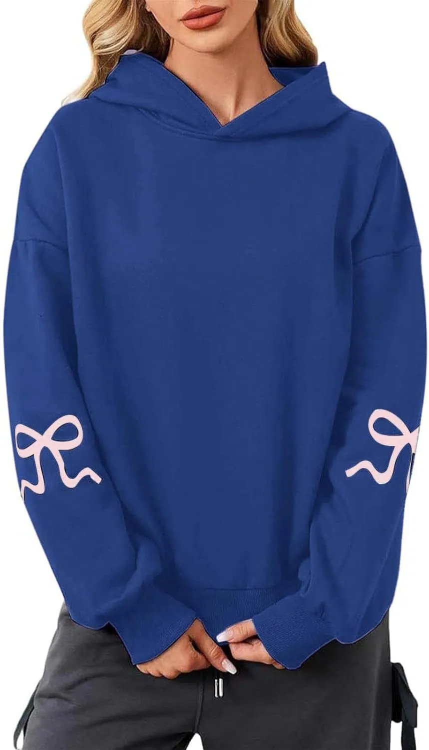 Oversized Hoodie for Women Bow Graphic Printed Hoodies Coquettish Drop Shoulder Hooded Sweatshirts with Pocket