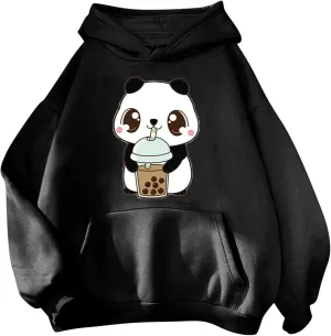 Panda Printed Hoodies for Women Teen Girls Soft Casual Long Sleeve Hooded Sweatshirts Oversized Drawstring Cute Pullover Tops