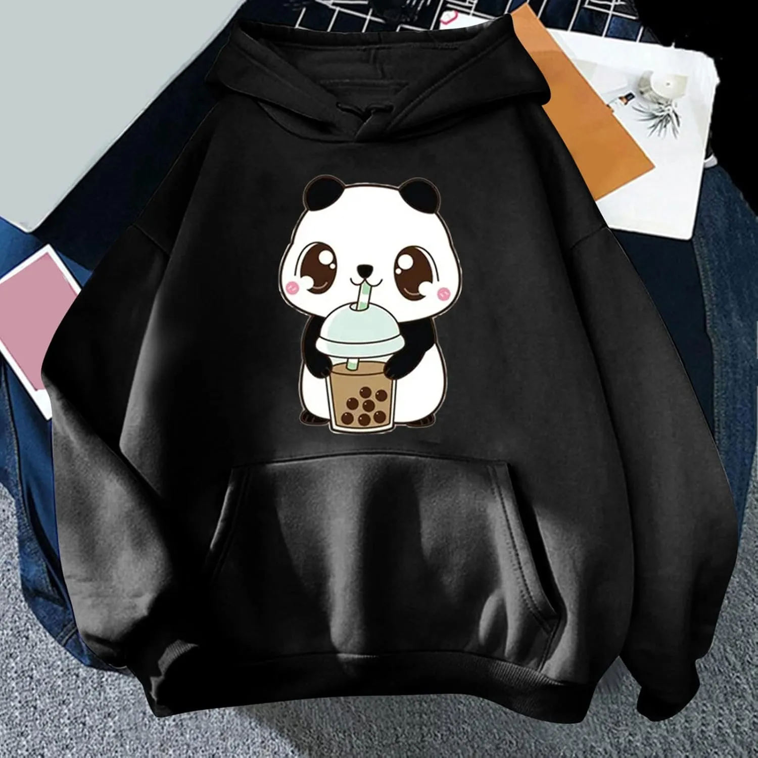 Panda Printed Hoodies for Women Teen Girls Soft Casual Long Sleeve Hooded Sweatshirts Oversized Drawstring Cute Pullover Tops