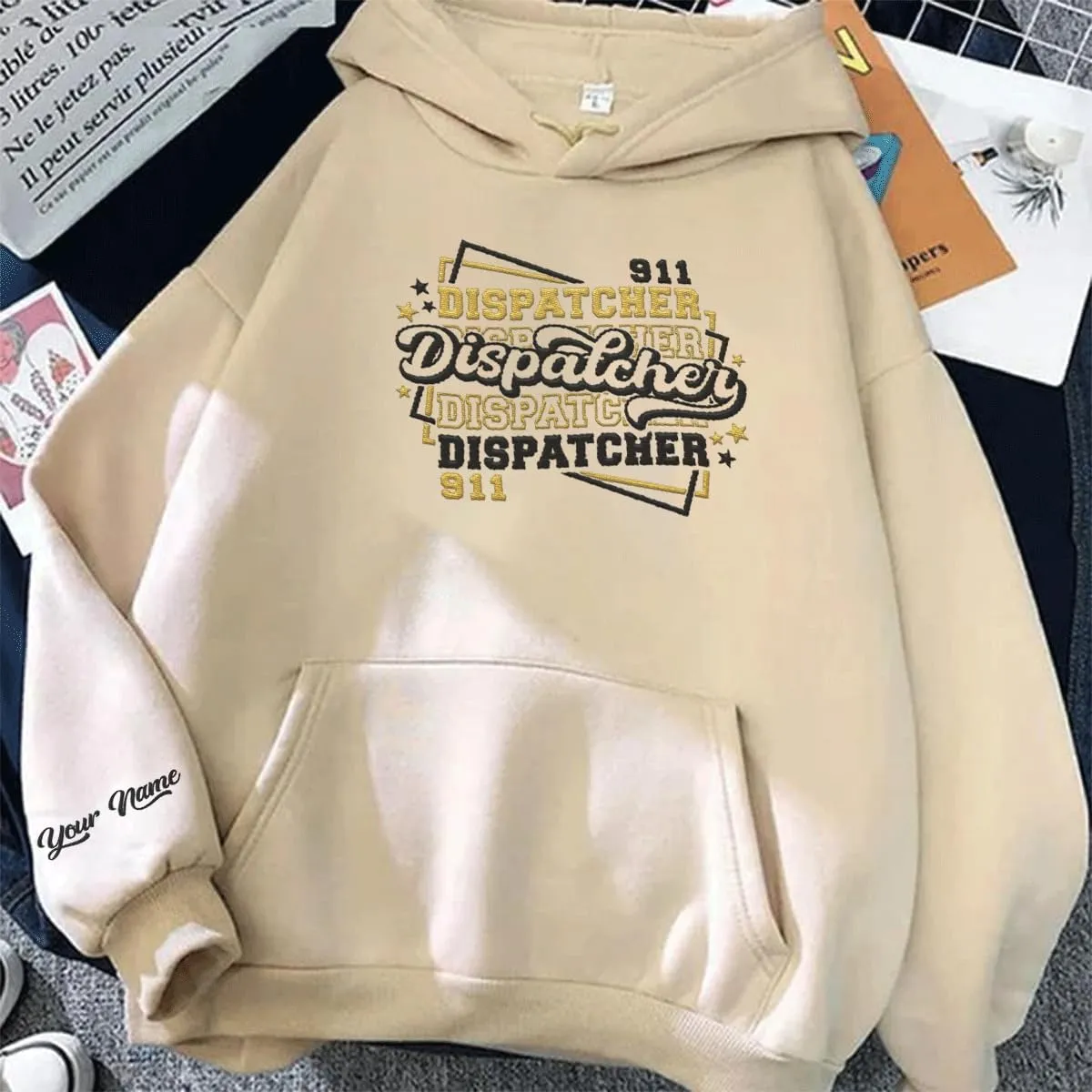 Personalized 911 Dispatcher Apparel, Thin Gold Line Embroidered Sweatshirt, Emergency 911 Hoodie Gift Dispatch Nurse Shirt