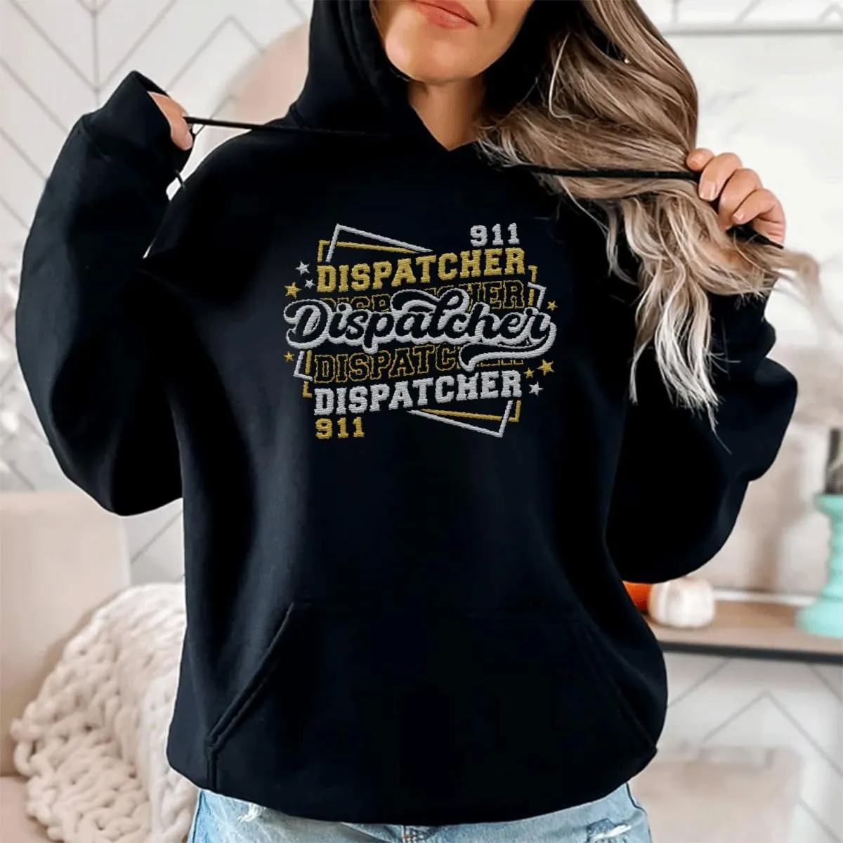 Personalized 911 Dispatcher Apparel, Thin Gold Line Embroidered Sweatshirt, Emergency 911 Hoodie Gift Dispatch Nurse Shirt