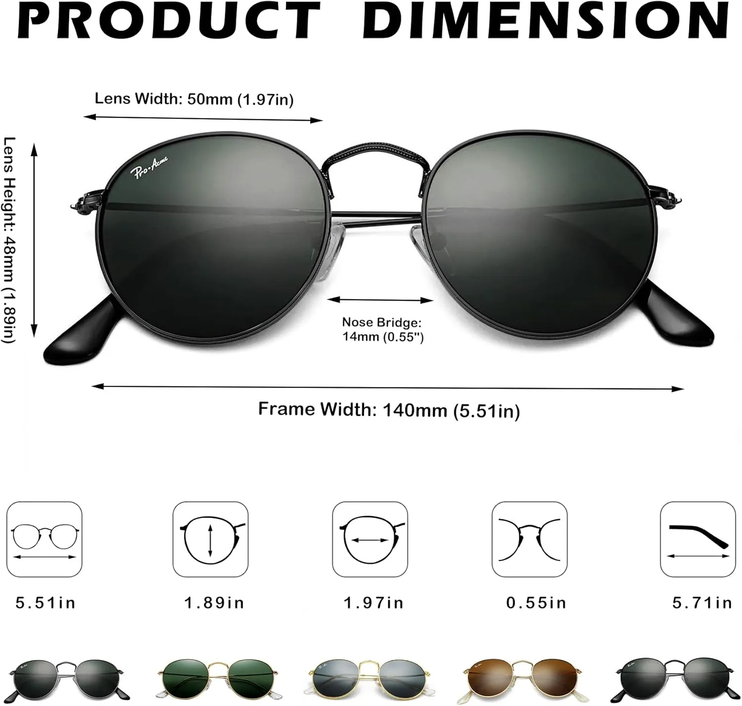 Pro Acme Round Sunglasses for Women Men Classic Retro Circle Metal Sun Glasses 100% Real Glass Lens