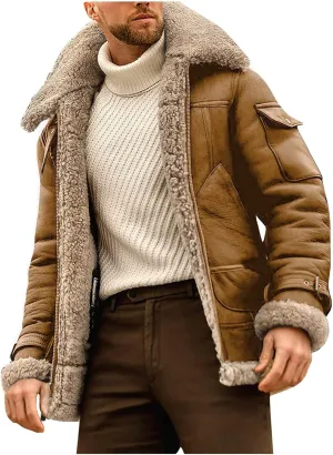 RTRDE Men's Winter Jackets Faux Leather Sherpa Lined Bomber Jacket Warm Turn-Down Collar Coats Jackets, M-5XL