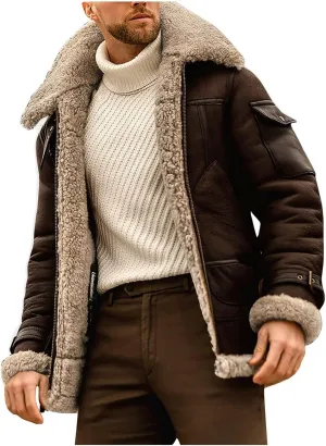 RTRDE Men's Winter Jackets Faux Leather Sherpa Lined Bomber Jacket Warm Turn-Down Collar Coats Jackets, M-5XL
