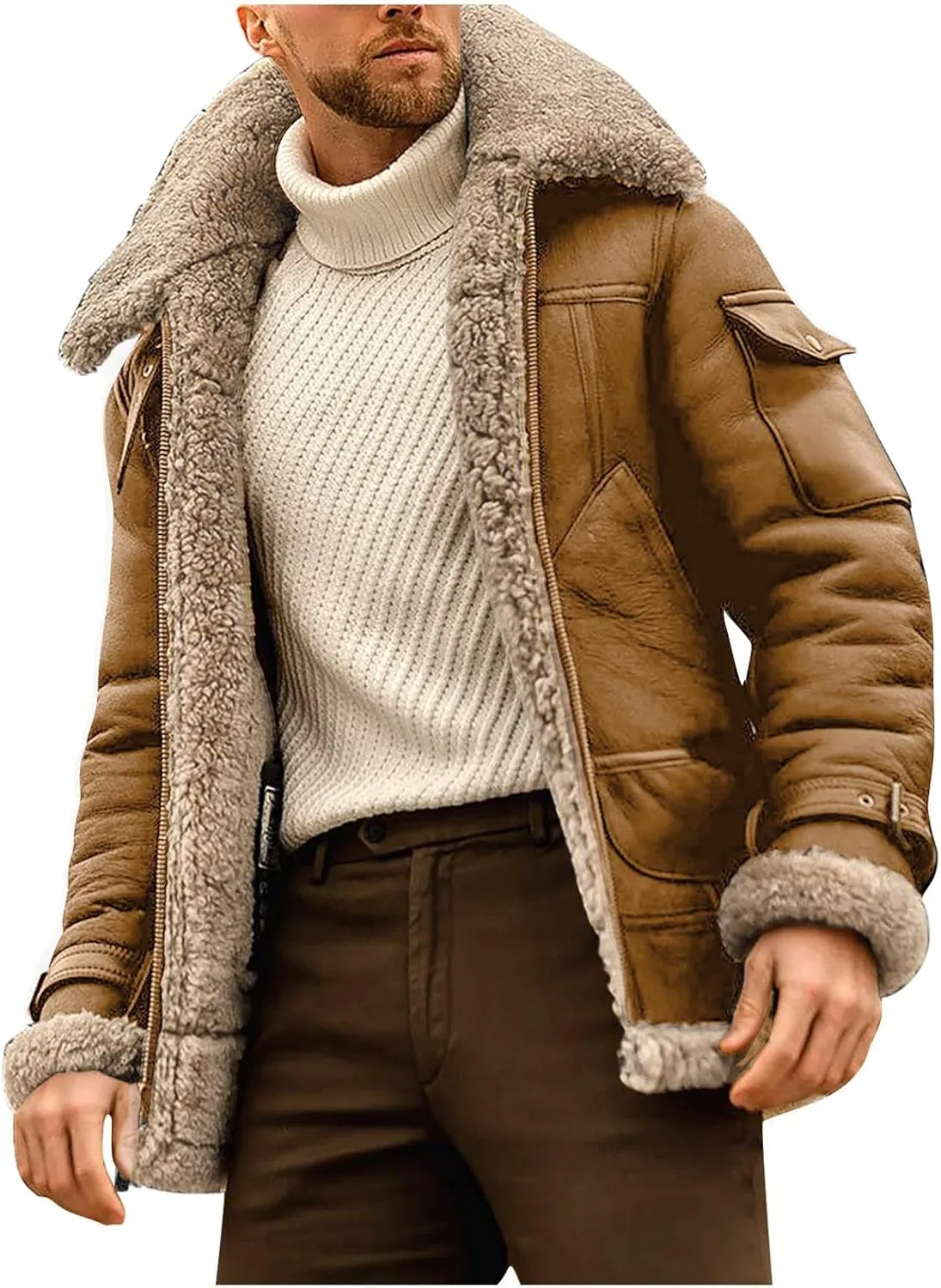 RTRDE Men's Winter Jackets Faux Leather Sherpa Lined Bomber Jacket Warm Turn-Down Collar Coats Jackets, M-5XL