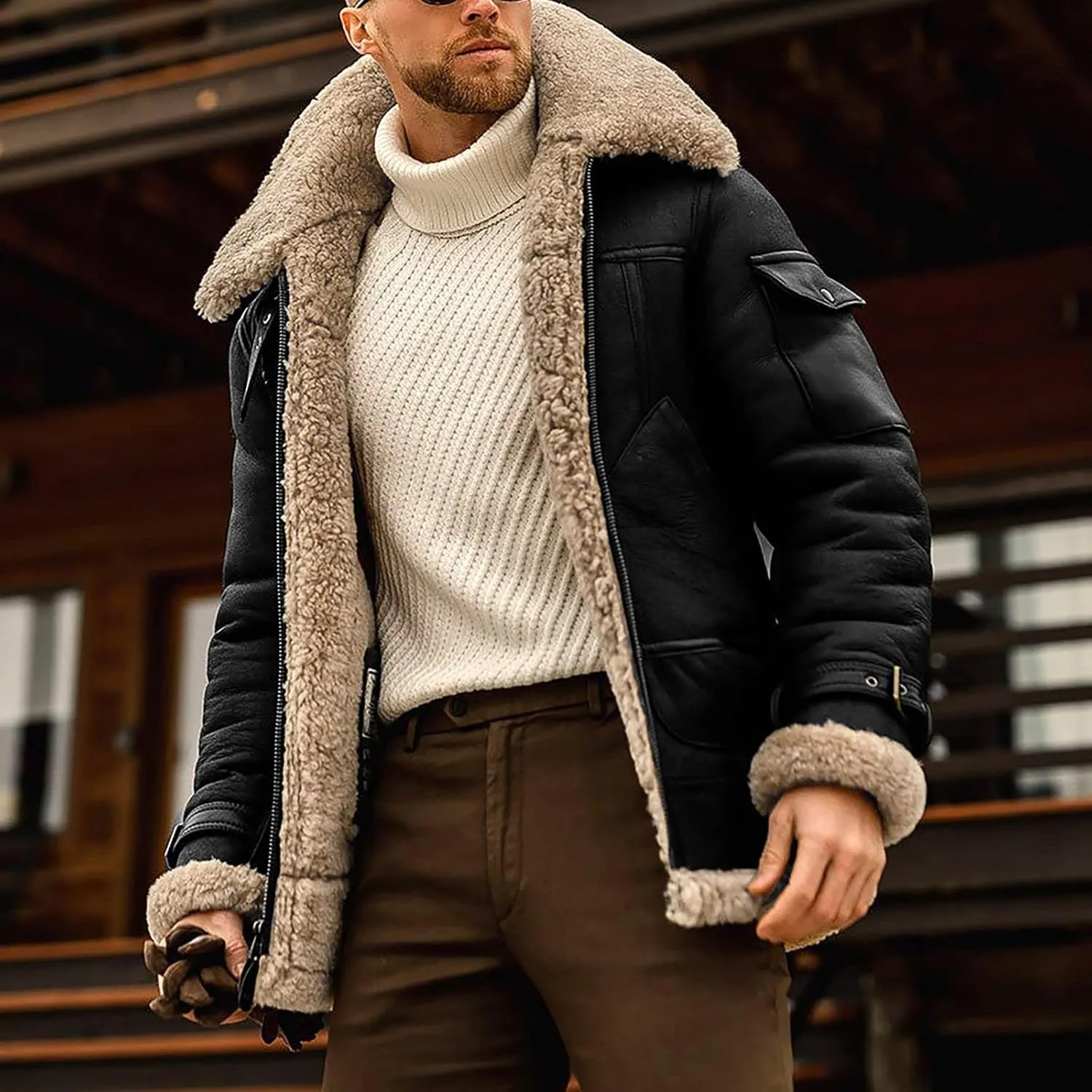 RTRDE Men's Winter Jackets Faux Leather Sherpa Lined Bomber Jacket Warm Turn-Down Collar Coats Jackets, M-5XL
