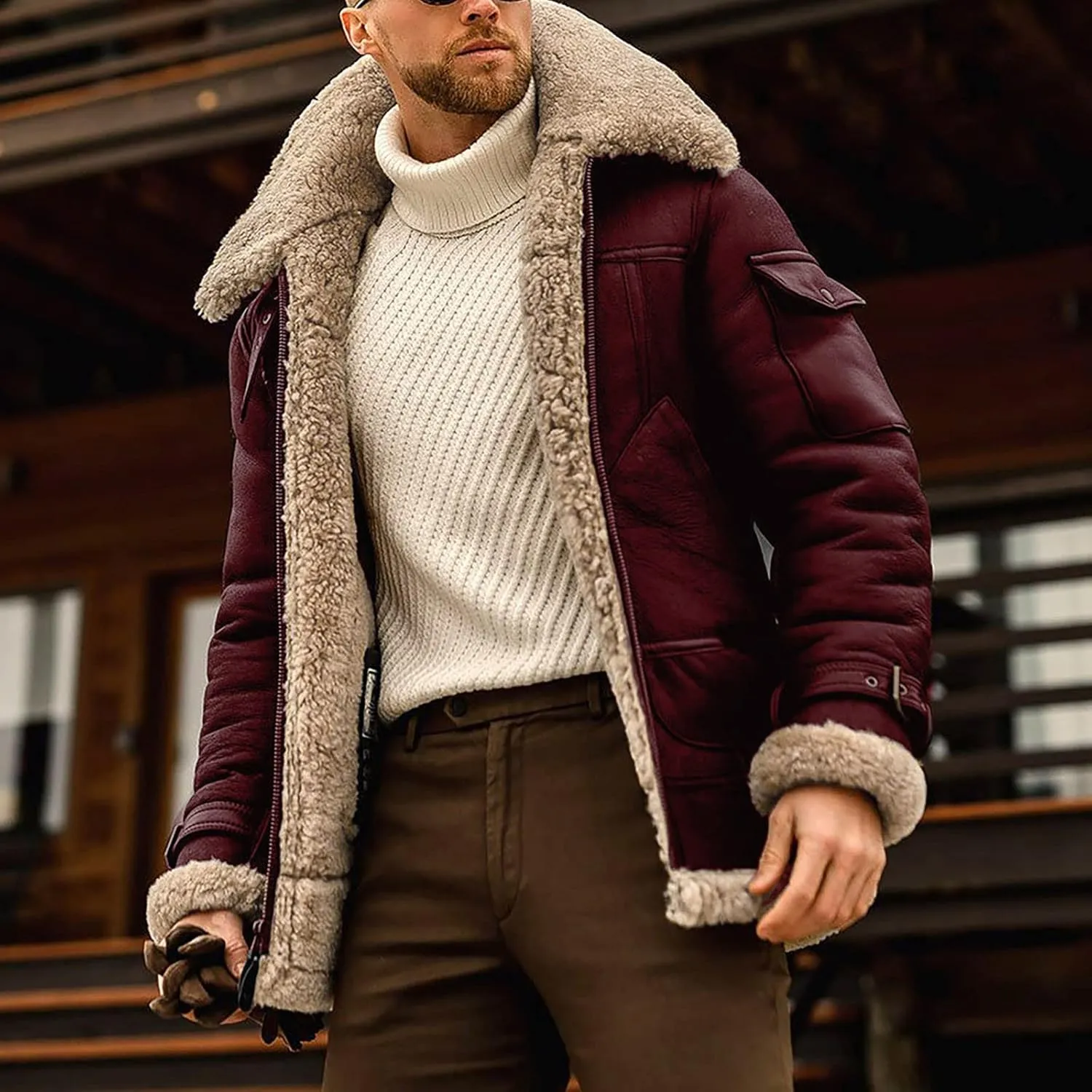 RTRDE Men's Winter Jackets Faux Leather Sherpa Lined Bomber Jacket Warm Turn-Down Collar Coats Jackets, M-5XL