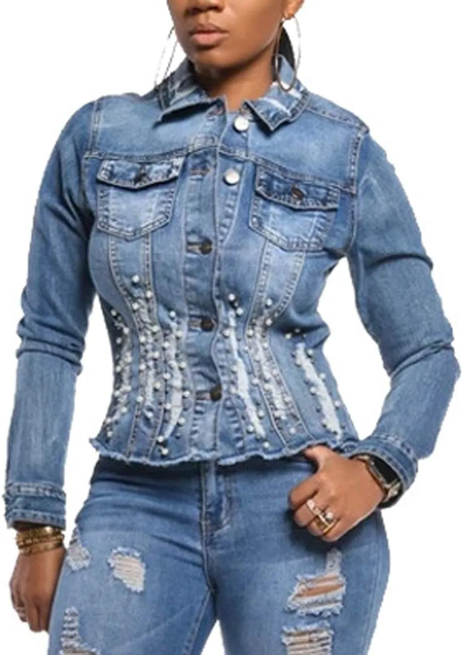 SeNight Women's Jean Jacket Long Sleeve Classic Distressed Fray Hem Tassels Denim Trucker Jackets