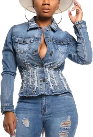 SeNight Women's Jean Jacket Long Sleeve Classic Distressed Fray Hem Tassels Denim Trucker Jackets
