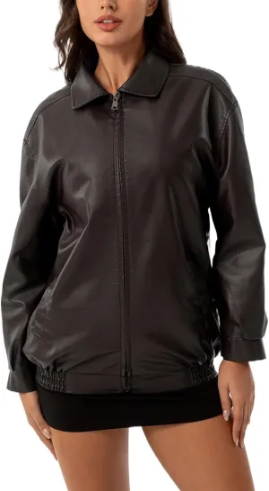 SGASY Women's Faux Leather Motorcycle Jacket Trendy Fall Clothes Oversized Zip Up Winter Coat Outerwear