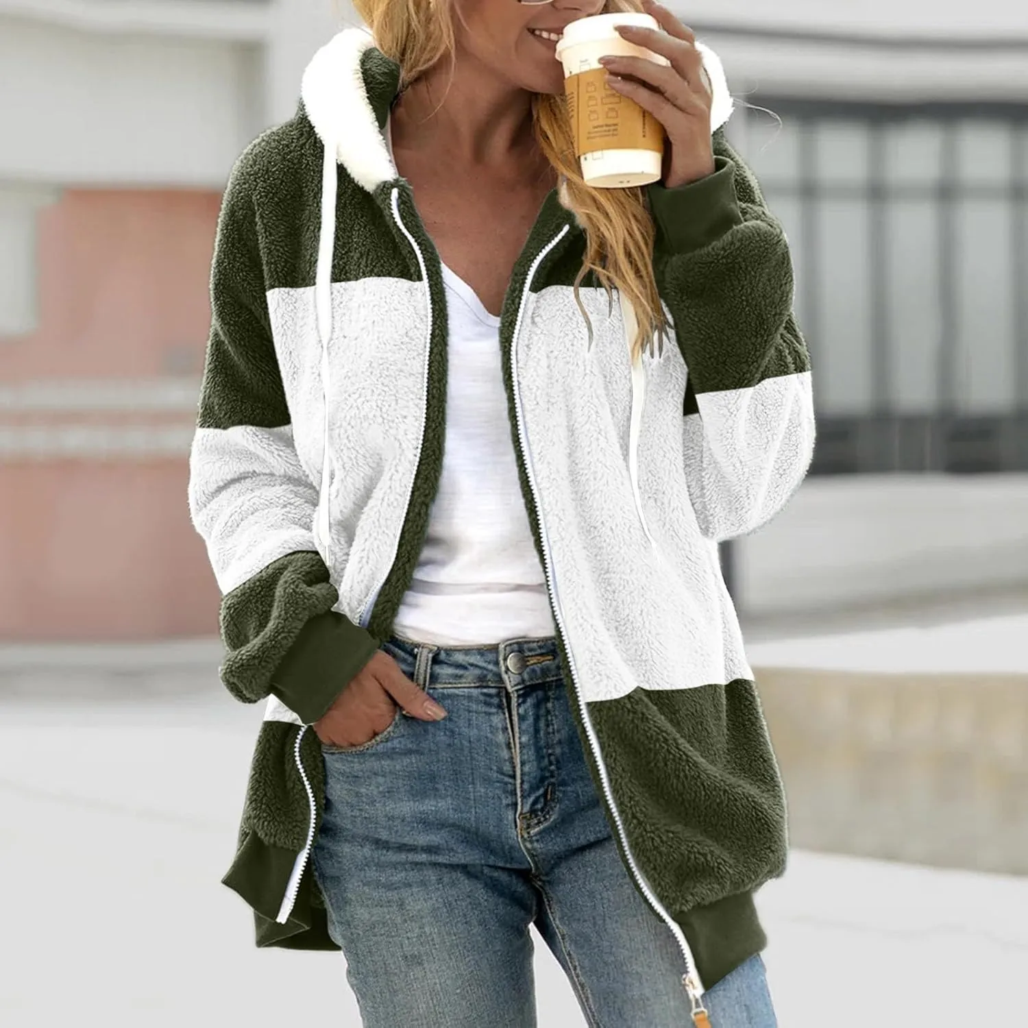 Sherpa Lined Jacket Women 2023 Fashion Casual Long Sleeve Color Block Zip Up Hoodies Fall Winter Sweatshirts Jackets