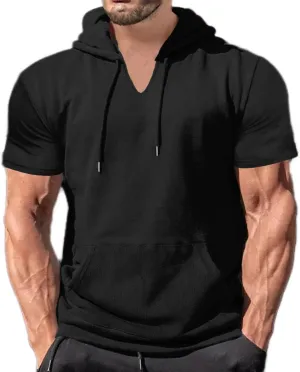 Short Sleeve Hoodies for Men Cotton Blend Summer Lightweight Hooded T-Shirt V Neck Pullover with Kangaroo Pocket