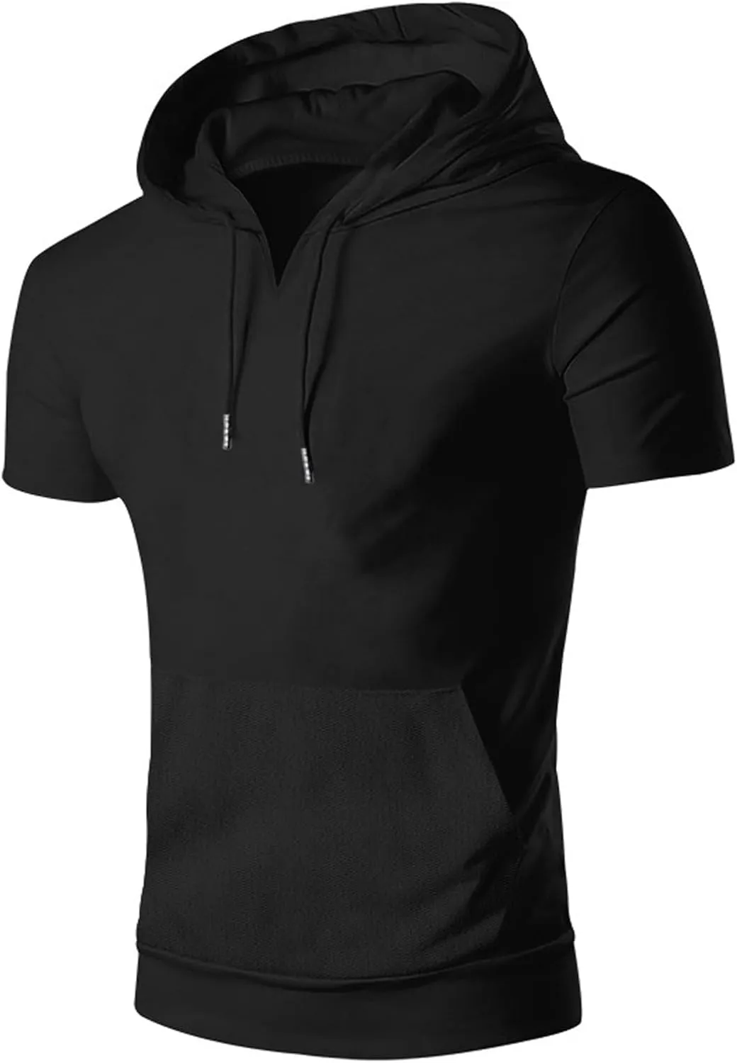 Short Sleeve Hoodies for Men Cotton Blend Summer Lightweight Hooded T-Shirt V Neck Pullover with Kangaroo Pocket