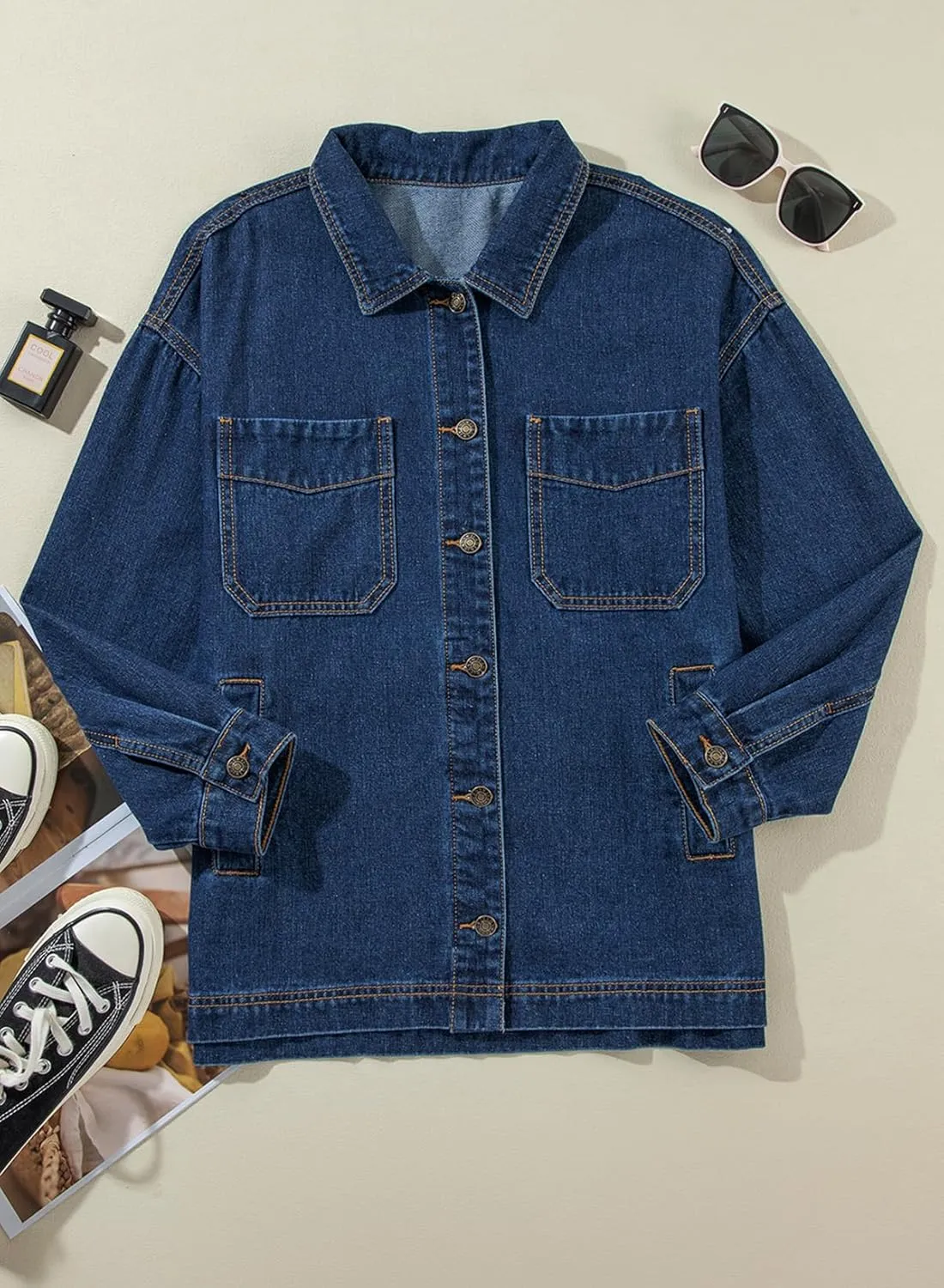 Sidefeel Women's Jean Jacket Oversized Boyfriend Button Up Long Sleeve Split Zimbaplatinum Denim Jackets