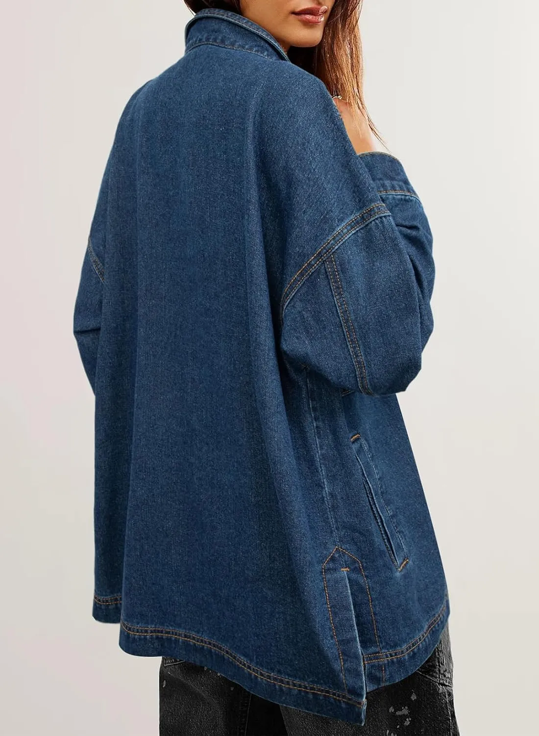 Sidefeel Women's Jean Jacket Oversized Boyfriend Button Up Long Sleeve Split Zimbaplatinum Denim Jackets