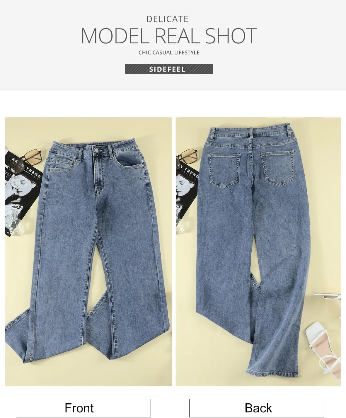 Sidefeel Women's Ripped High Waisted Flared Jeans Wide Leg Destroyed Denim Pants