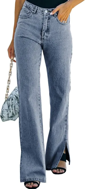 Sidefeel Women's Ripped High Waisted Flared Jeans Wide Leg Destroyed Denim Pants