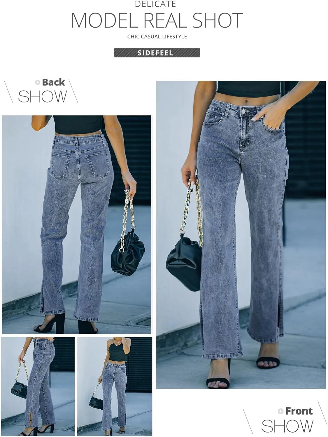 Sidefeel Women's Ripped High Waisted Flared Jeans Wide Leg Destroyed Denim Pants