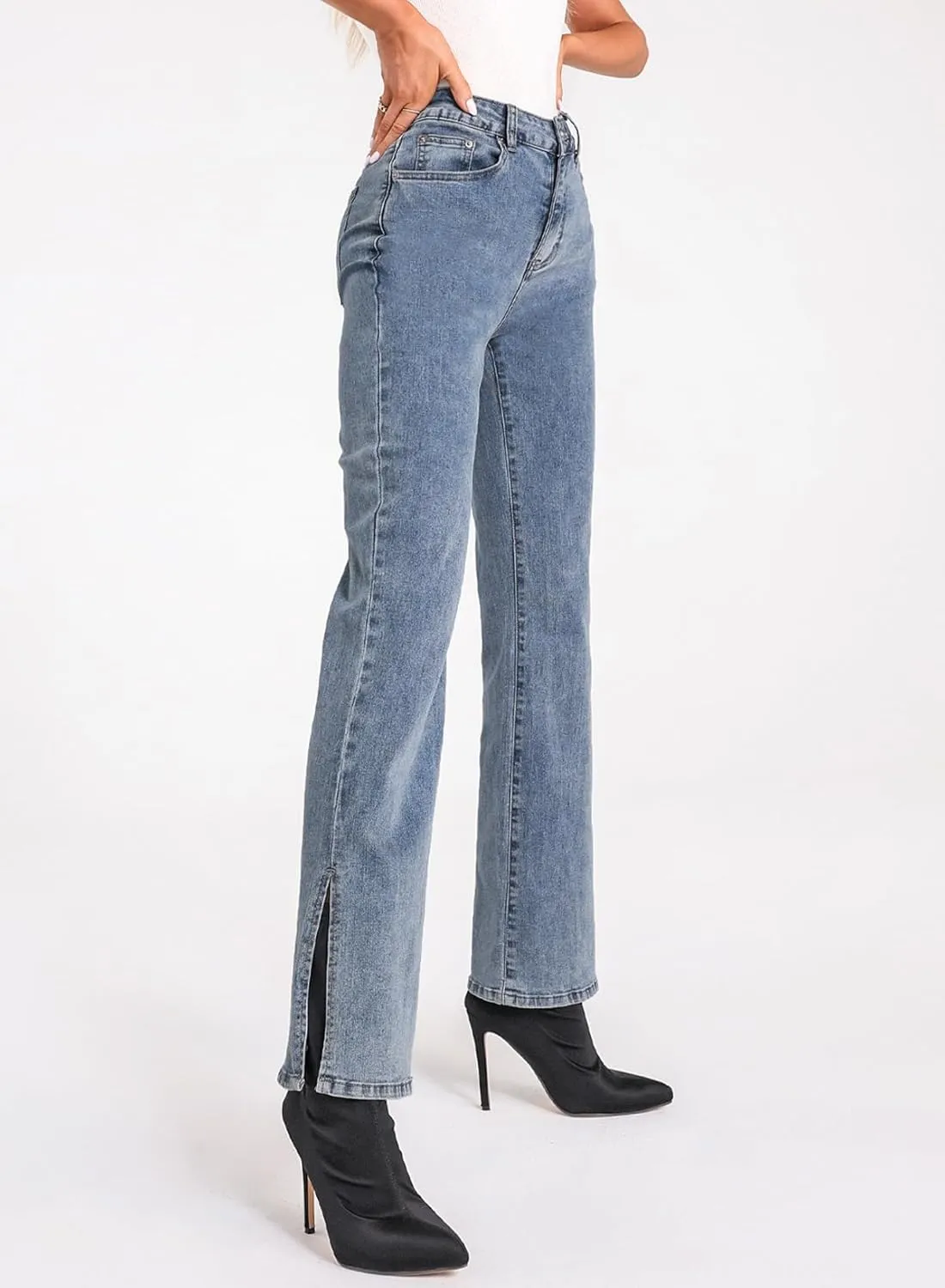Sidefeel Women's Ripped High Waisted Flared Jeans Wide Leg Destroyed Denim Pants