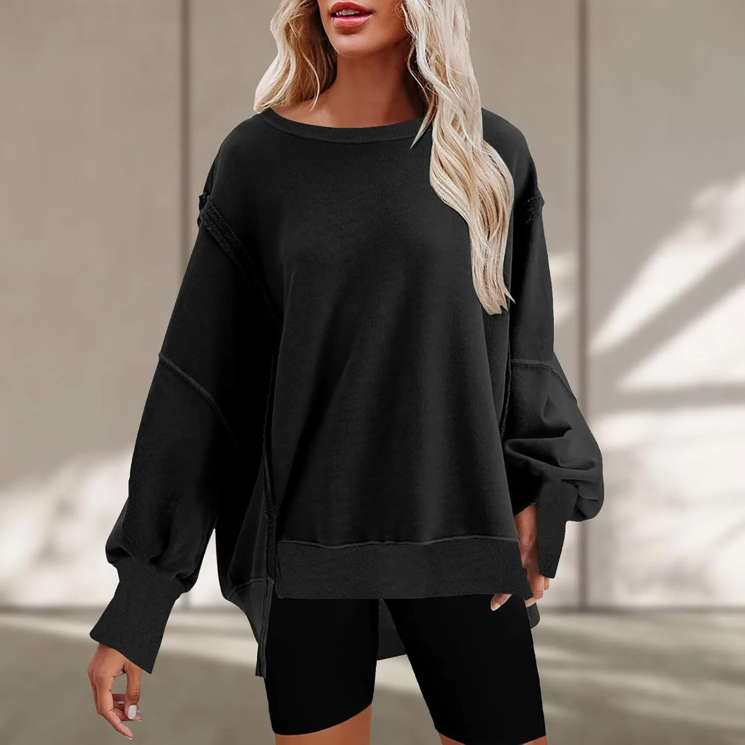 SMIDOW Womens Oversized Crewneck Sweatshirts Hoodies Fall 2023 Fashion Warm Y2k Clothes Casual Slit Sloucthy Pullover Tops