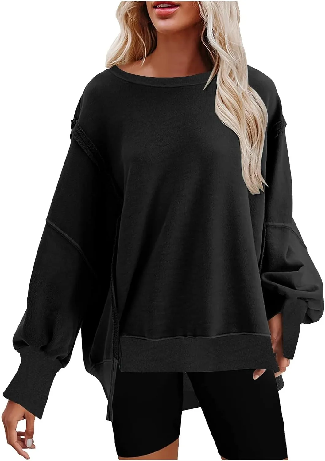 SMIDOW Womens Oversized Crewneck Sweatshirts Hoodies Fall 2023 Fashion Warm Y2k Clothes Casual Slit Sloucthy Pullover Tops