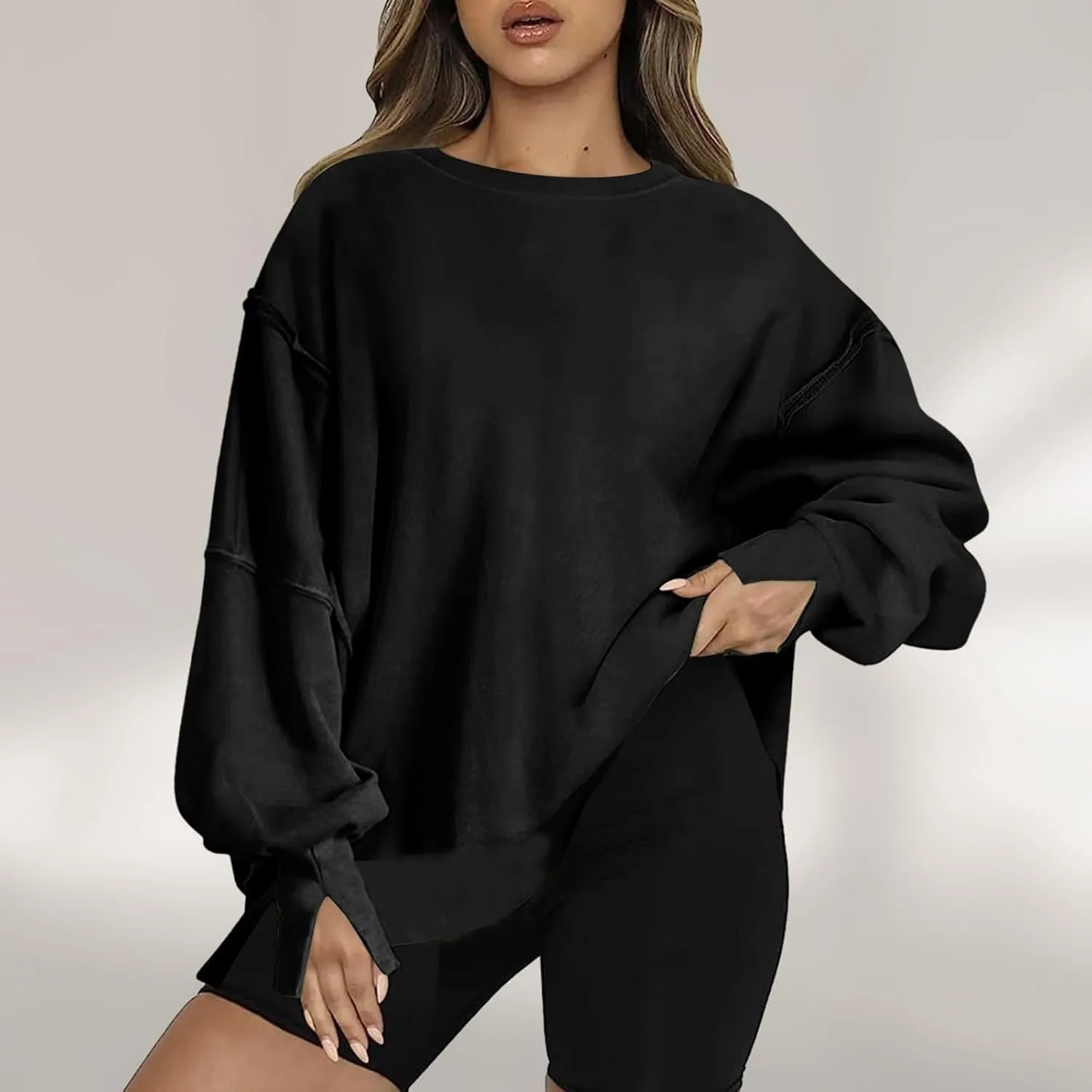 SMIDOW Womens Oversized Crewneck Sweatshirts Hoodies Fall 2023 Fashion Warm Y2k Clothes Casual Slit Sloucthy Pullover Tops