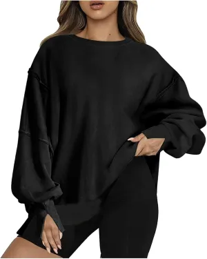 SMIDOW Womens Oversized Crewneck Sweatshirts Hoodies Fall 2023 Fashion Warm Y2k Clothes Casual Slit Sloucthy Pullover Tops